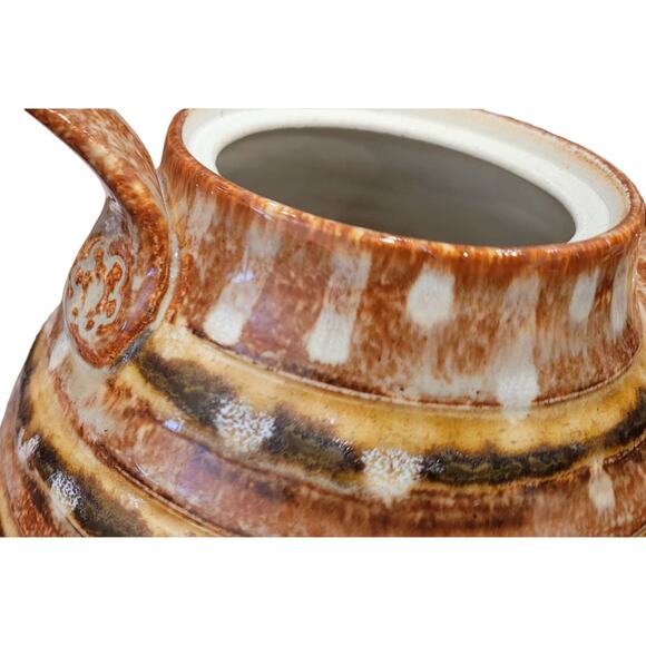 Art Pottery Brown striped and white drip glaze teapot signed - Picture 4 of 13